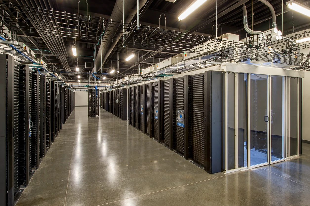 An energy efficient server installation with individually temperature controlled areas for the server racks.